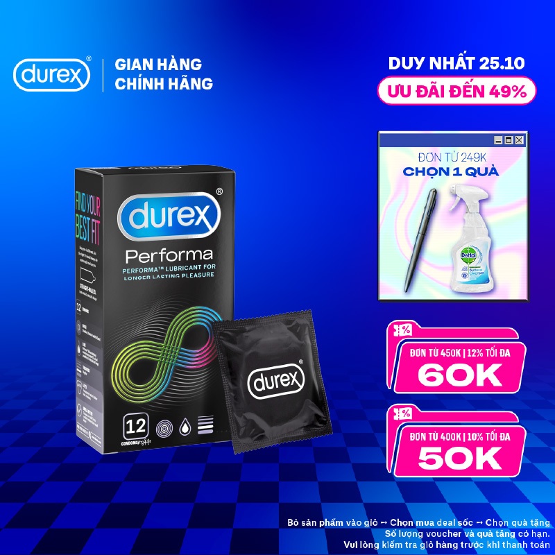 Bao cao su Durex Performa kéo dài thời gian, size 52mm, hộp 12 bao