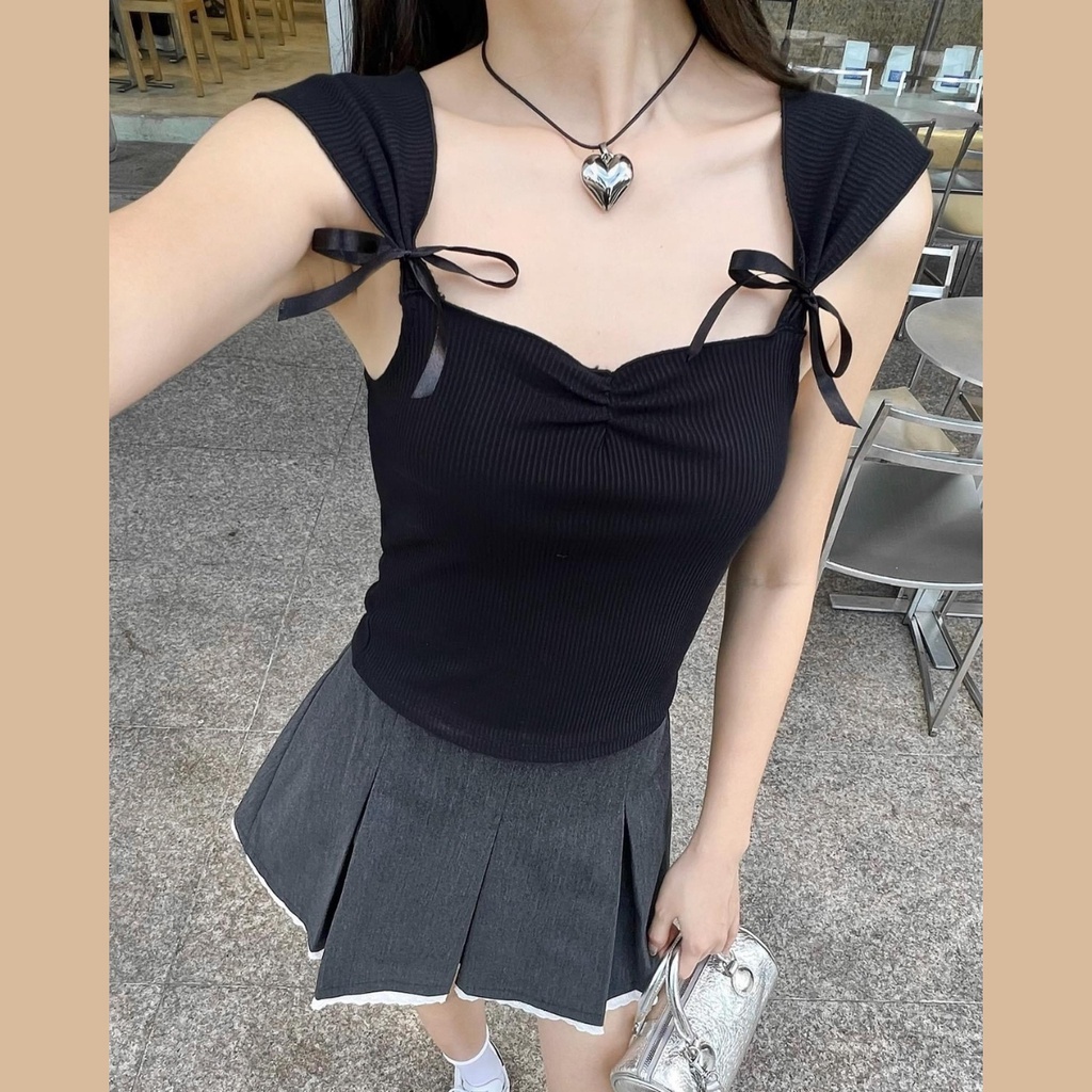 Áo Croptop Hai Dây SANJOLI Áo 2 Dây Màu Trơn Cao Cấp thắt nơ Dáng Ôm Thời Trang Mùa Hè Cho Nữ AO015