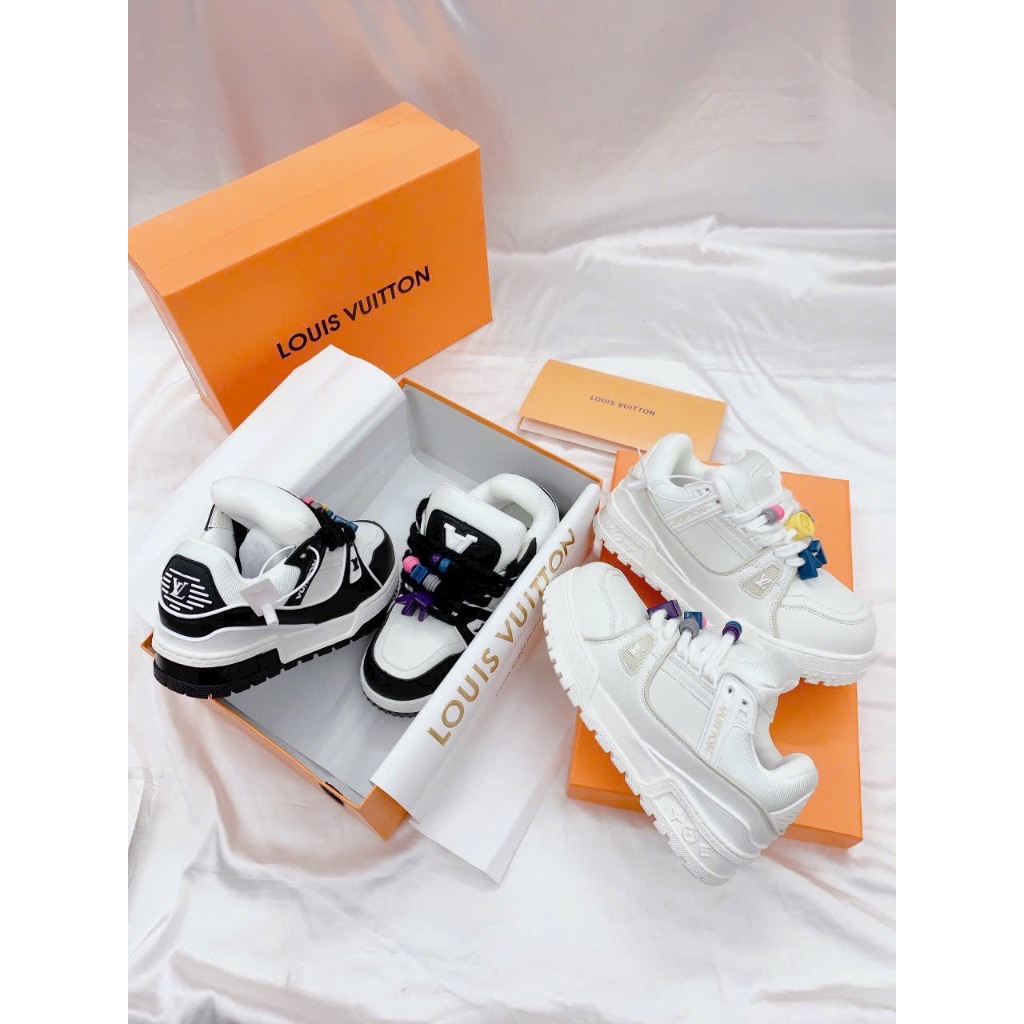 Giày thể thao nam nữ CT LV Louis vuiton trainer trắng đen đính sticker cao cấp mới