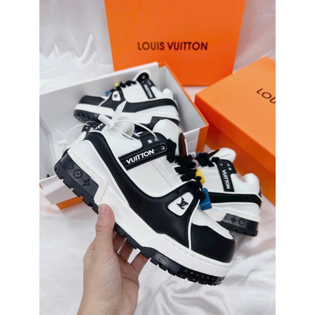 Giày thể thao nam nữ CT LV Louis vuiton trainer trắng đen đính sticker cao cấp mới
