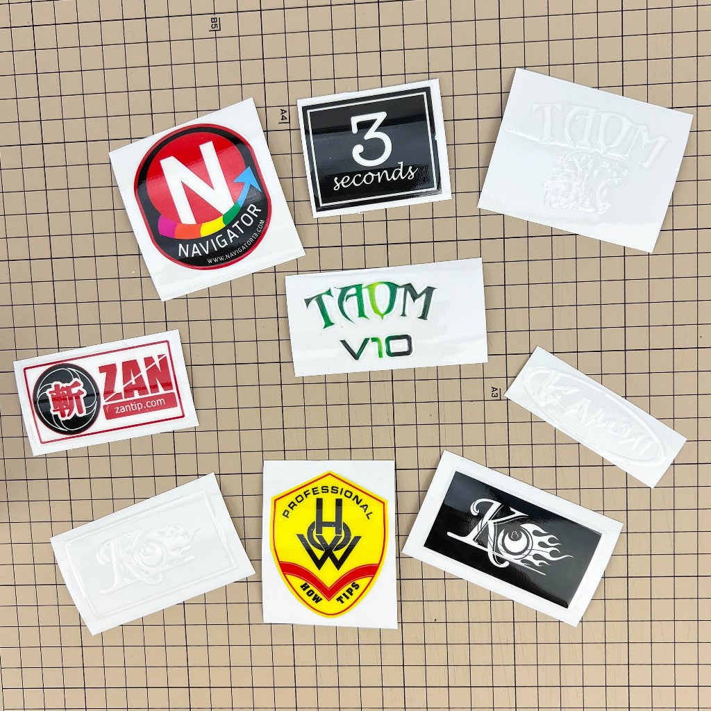 Sticker, tem dán, hình dán các thương hiệu phụ kiện Bida, Billard trang trí dán bao cơ billard vân nổi, màu sắc nét