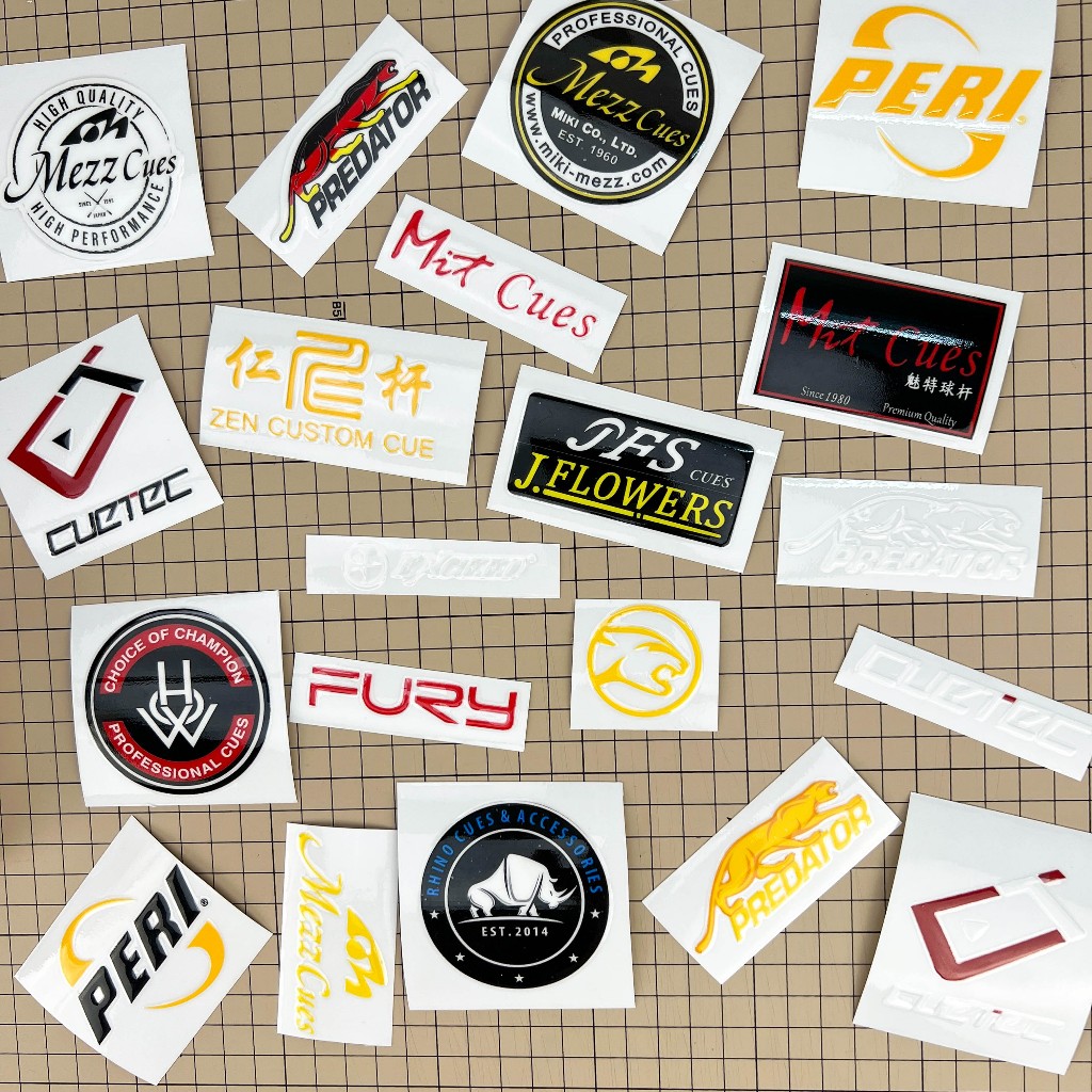 Sticker, tem dán, hình dán các thương hiệu bida, billard trang trí bao cơ - Peri, Cuetec, Fury, Mit, Predator, Mezz,...