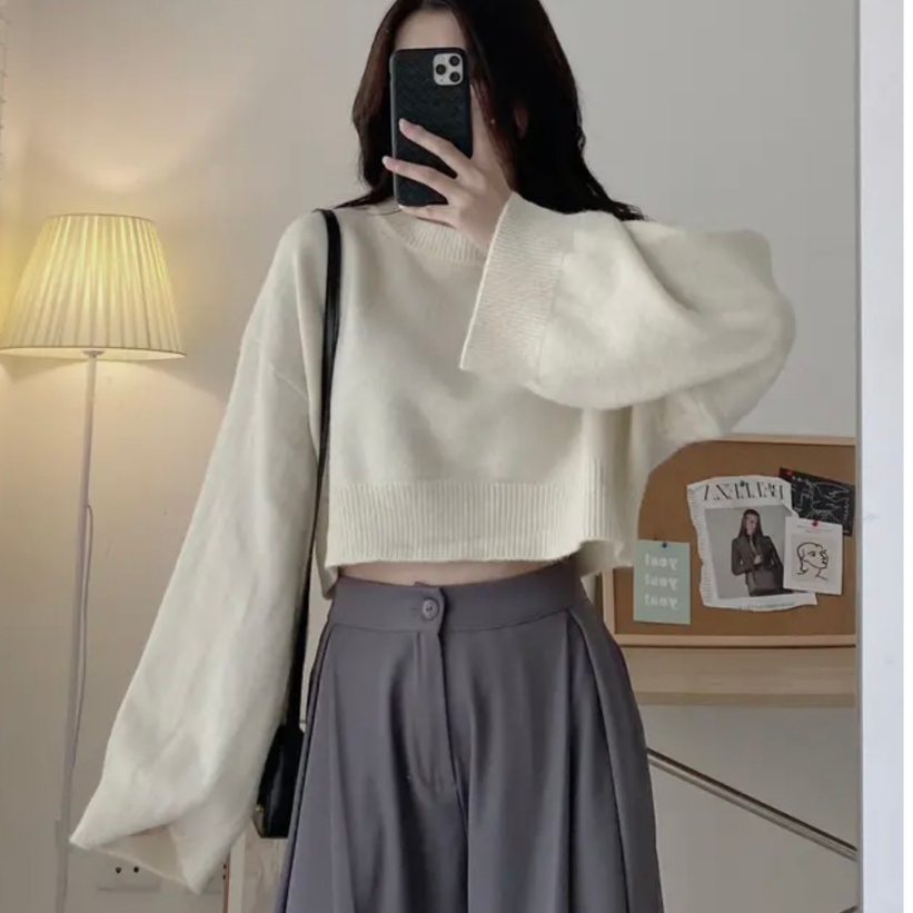 Áo len croptop trơn dài tay lông mịn cổ tròn Land Ping