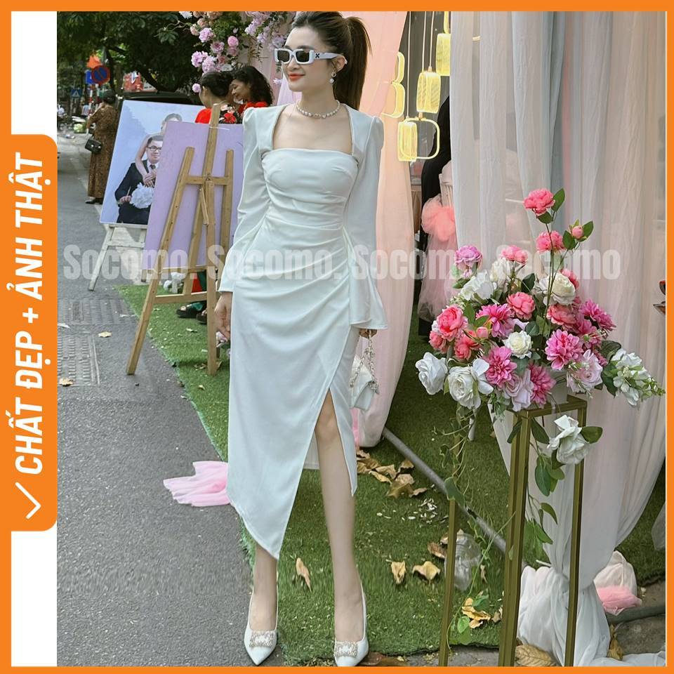 Váy thiết kế body cổ U vạt chéo bèo sườn phù hợp đi tiệc, kỷ yếu nhà Socomo V1212023 - Hàng loại 1, chất đẹp - Giá tốt