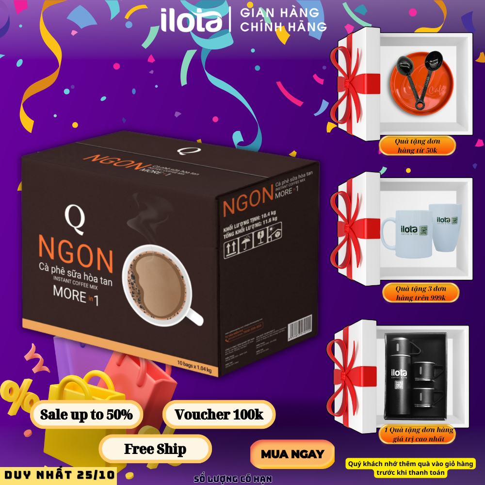 Thùng cà phê sữa hòa tan NGON Trần Quang 10 bịch x 52 gói hoặc 21 bịch x 24 gói