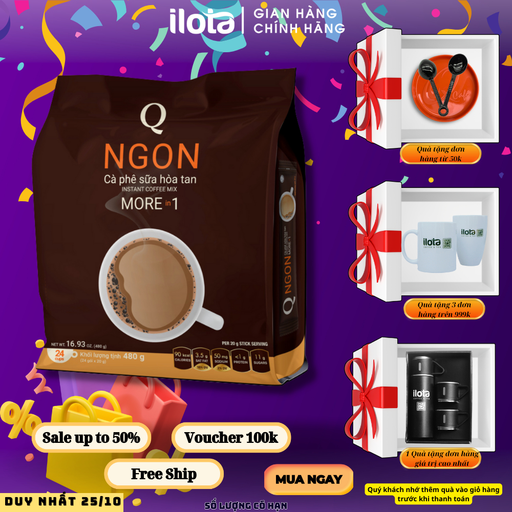 Cafe hoà tan sữa 3 in 1 NGON Trần Quang uống liền 24 gói