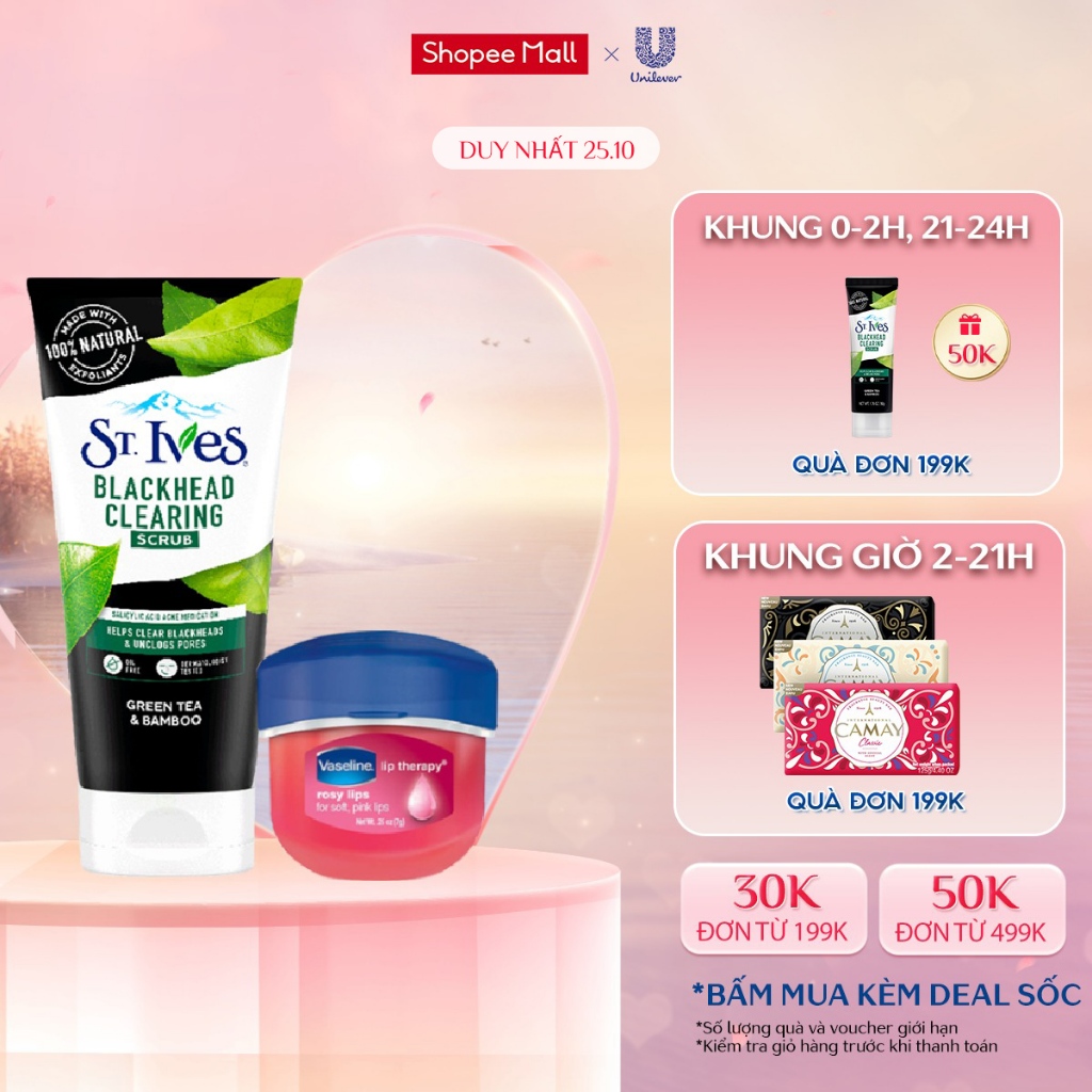 Combo Sữa rửa mặt tẩy tế bào chết ngừa mụn St.Ives Trà Xanh 170g + Sáp dưỡng môi Vaseline hồng xinh 7g