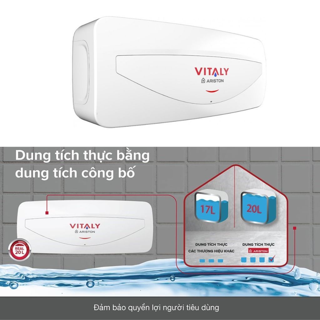Bình nước nóng Ariston Vitaly Slim 20L | Máy nóng lạnh an toàn làm nóng nhanh giữ ấm lâu | Hàng chính hãng