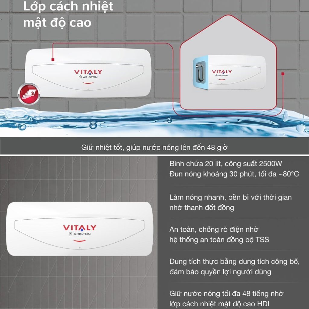 Bình nước nóng Ariston Vitaly Slim 20L | Máy nóng lạnh an toàn làm nóng nhanh giữ ấm lâu | Hàng chính hãng
