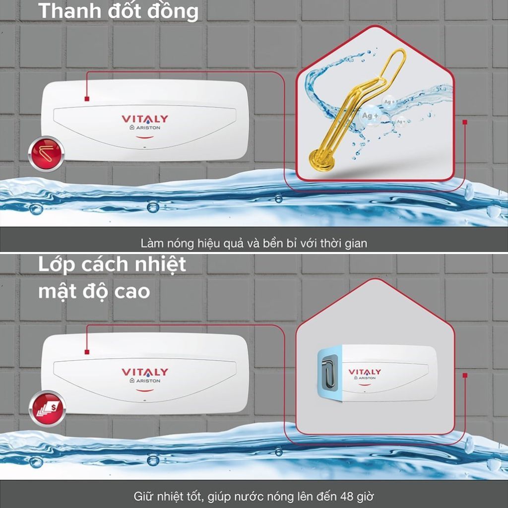 Bình nước nóng Ariston Vitaly Slim 20L | Máy nóng lạnh an toàn làm nóng nhanh giữ ấm lâu | Hàng chính hãng