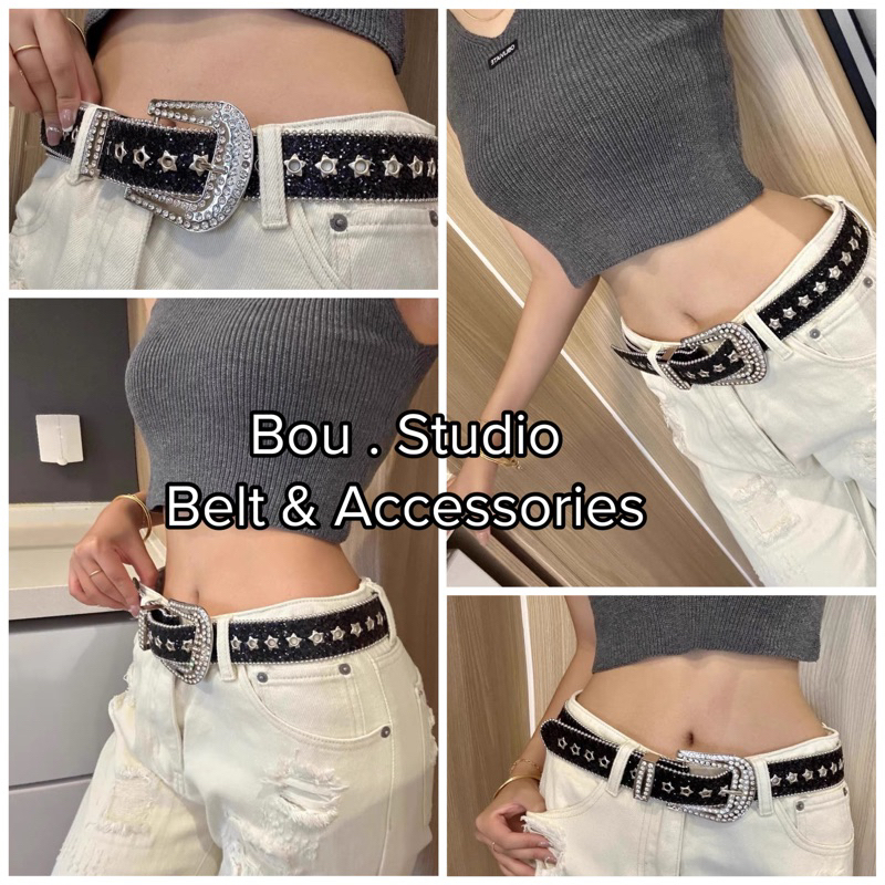 Thắt lưng đính đá toàn thân dây nịt màu trắng và đen THÂN ĐÍNH LỖ NGÔI SAO phong cách y2k hip hop sáng