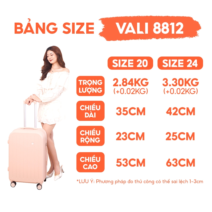 Vali Du Lịch Bamozo 8812 Thời Trang Size 20inch, Vali kéo Nhựa ABS Cao Cấp Bảo Hành 5 Năm - Lỗi 1 Đổi 1 Trong 30 Ngày