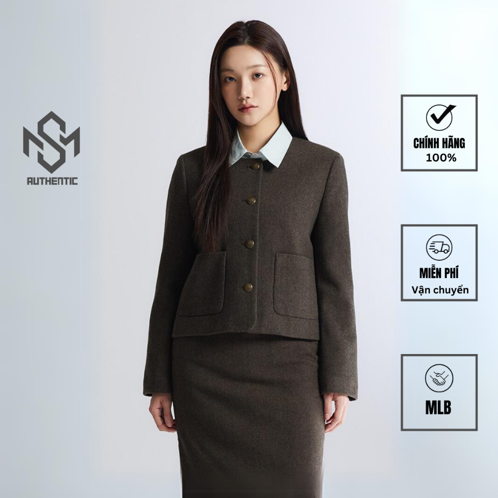 Áo khoác dạ SPAO cổ tròn, túi hộp, khuy tròn dày, áo dạ khoác cho nữ SPAO chính hãng SPJKD4TW22