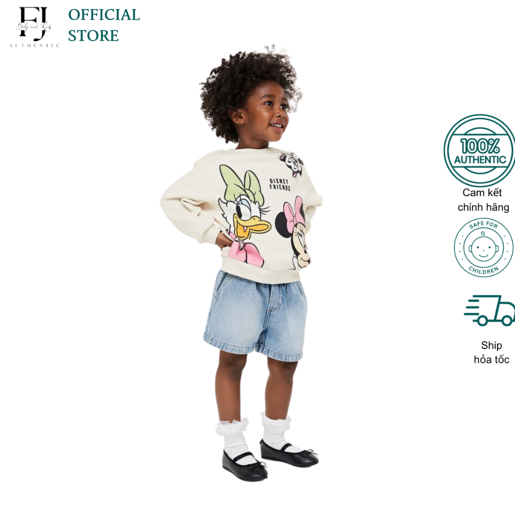 Áo dài tay thu đông bé gái HM áo nỉ trắng họa tiết minnie chất liệu cotton chính hãng cho bé 2 tuổi đến 10 tuổi