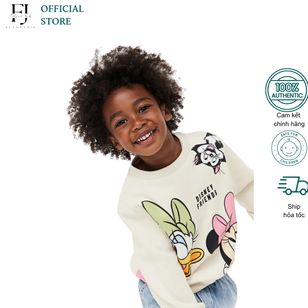 Áo dài tay thu đông bé gái HM áo nỉ trắng họa tiết minnie chất liệu cotton chính hãng cho bé 2 tuổi đến 10 tuổi