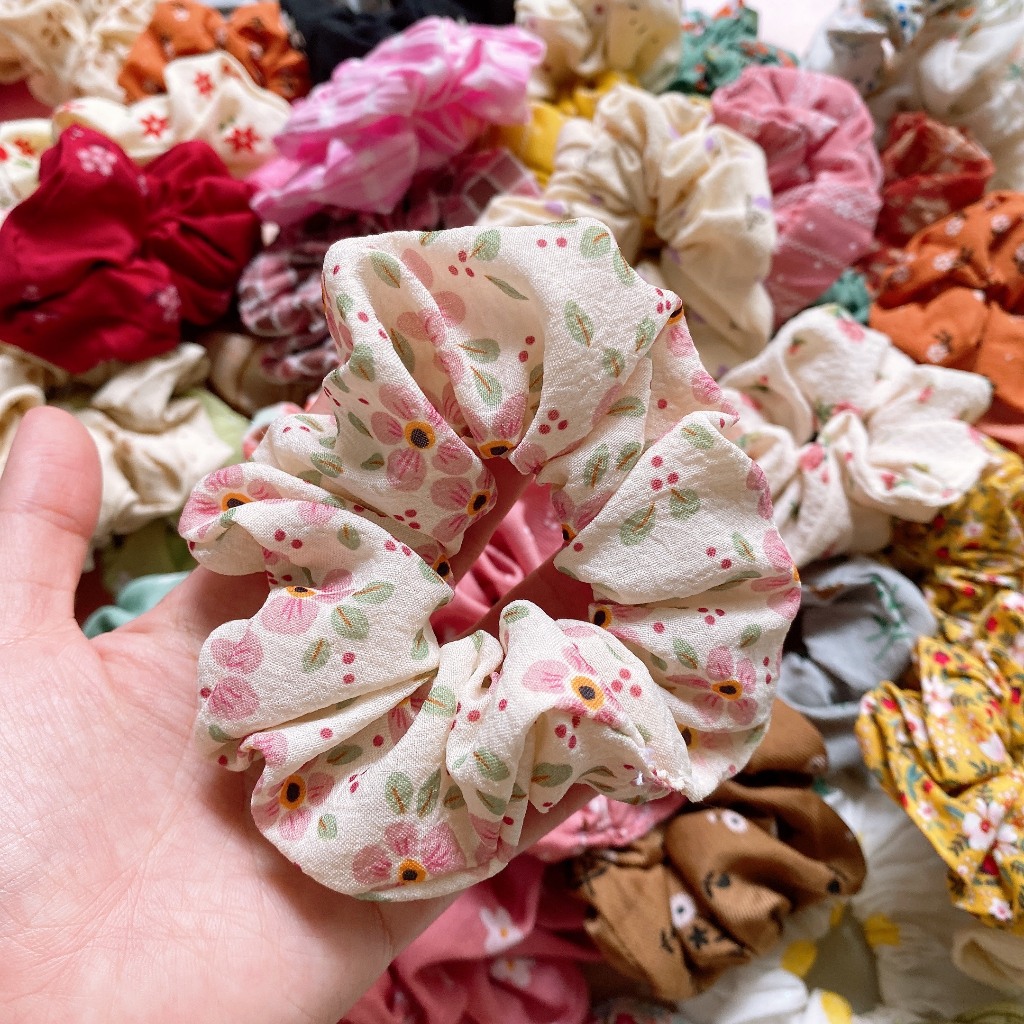 Nhiều mẫu dây cột tóc scrunchies vintage kem hoa TIMSTORE hoa phong cách hàn quốc
