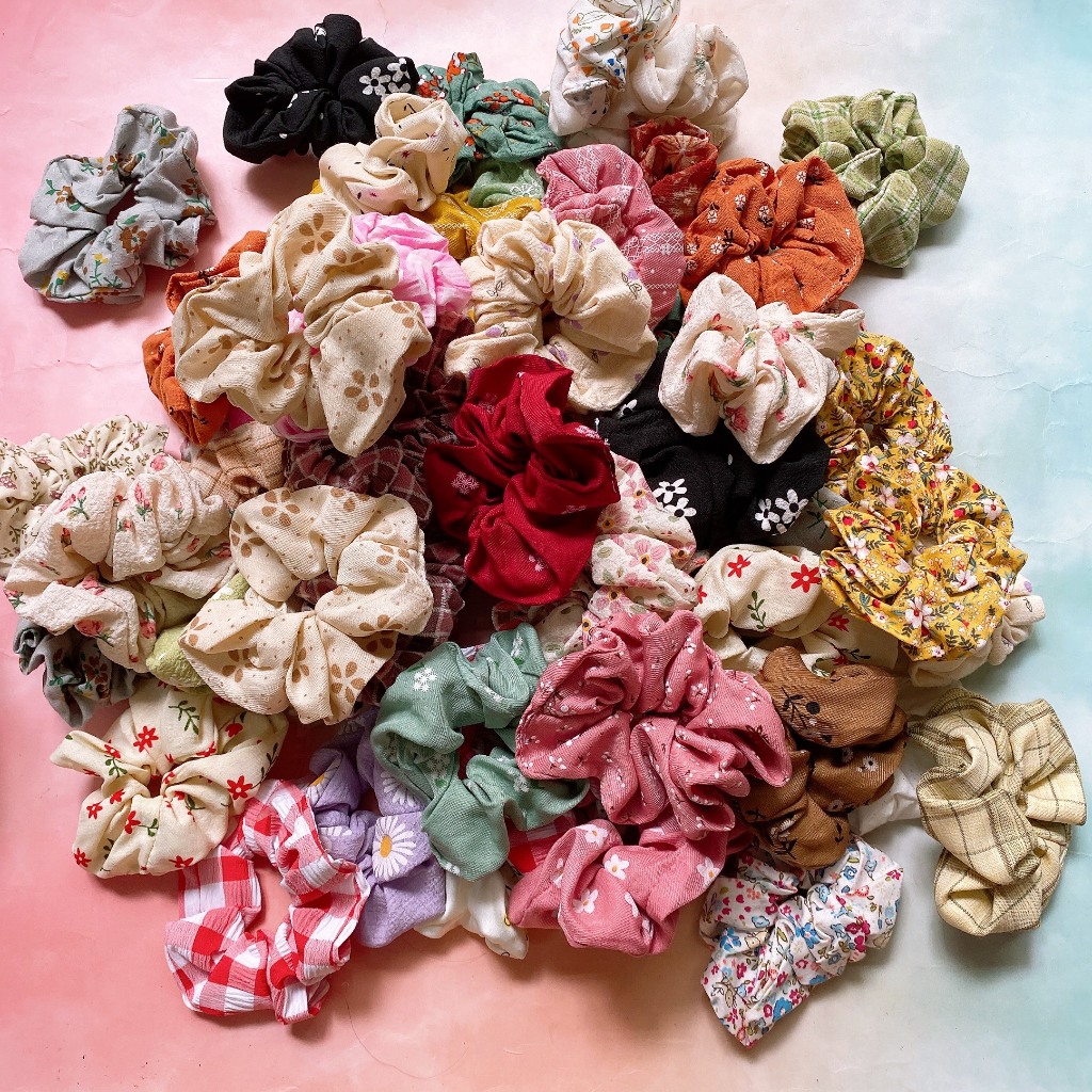 Nhiều mẫu dây cột tóc scrunchies vintage kem hoa TIMSTORE hoa phong cách hàn quốc