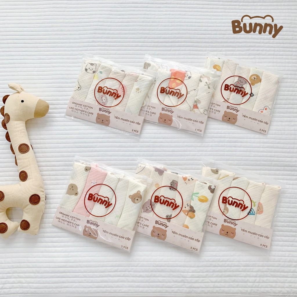 Set 5 yếm xô muslin tam giác Bunny siêu mềm mại cho bé Goodbabyvn