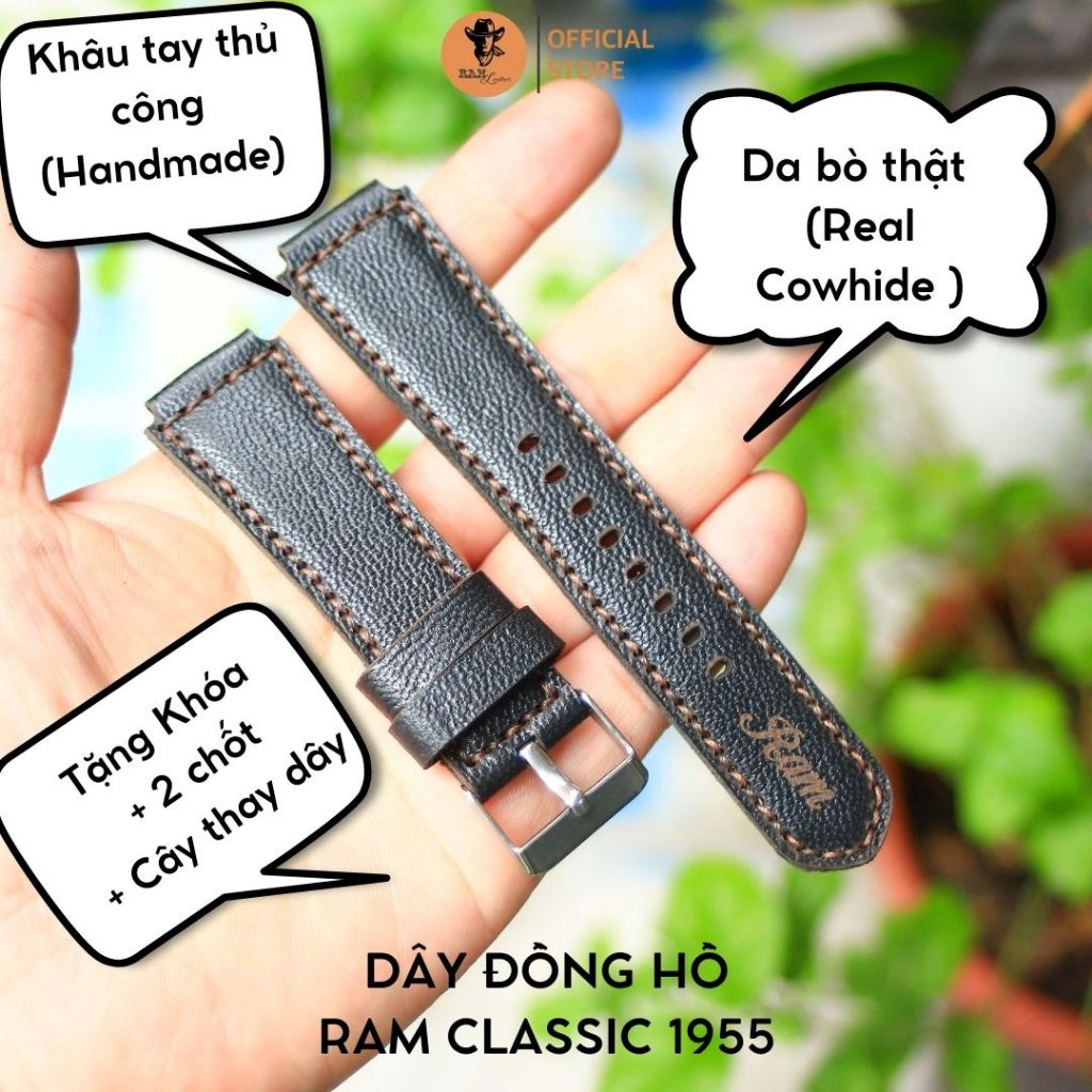 Dây Đồng Hồ Thủ Công Da Thật RAM Leather 1955 Cho Casio AE 1200 WHD và Dây 18mm Da Dê Đen Vân Hạt Bền Đẹp