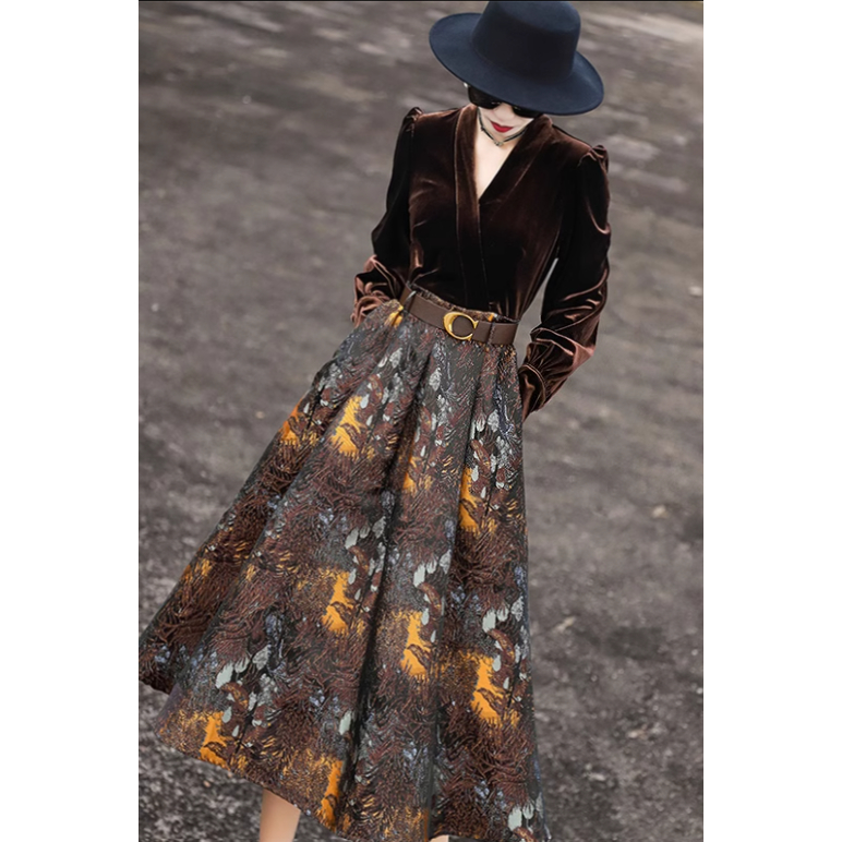 Váy Nhung Phong Cách Retro Cao Cấp, Eo Thắt Lưng.Thời Trang Thu Đông Hot 2023.