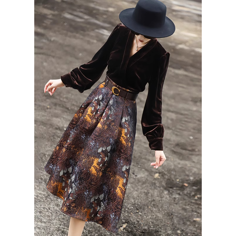 Váy Nhung Phong Cách Retro Cao Cấp, Eo Thắt Lưng.Thời Trang Thu Đông Hot 2023.