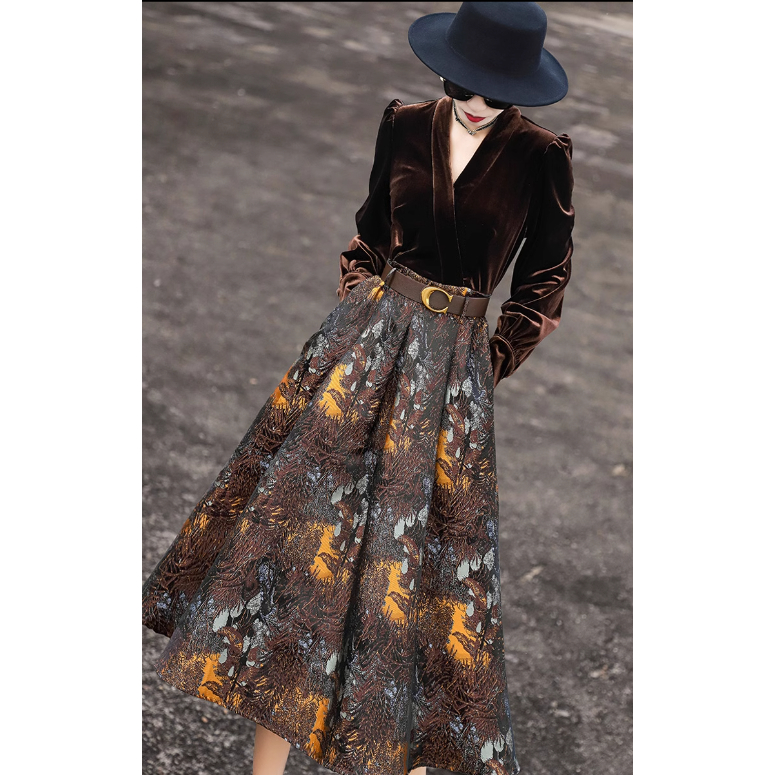 Váy Nhung Phong Cách Retro Cao Cấp, Eo Thắt Lưng.Thời Trang Thu Đông Hot 2023.