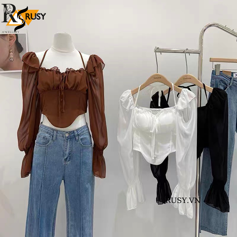 Áo kiểu Croptop tay dài vải voan mềm dáng tiểu thư sang chảnh , Áo Voan Tiểu Thư Baby Doll Rusy