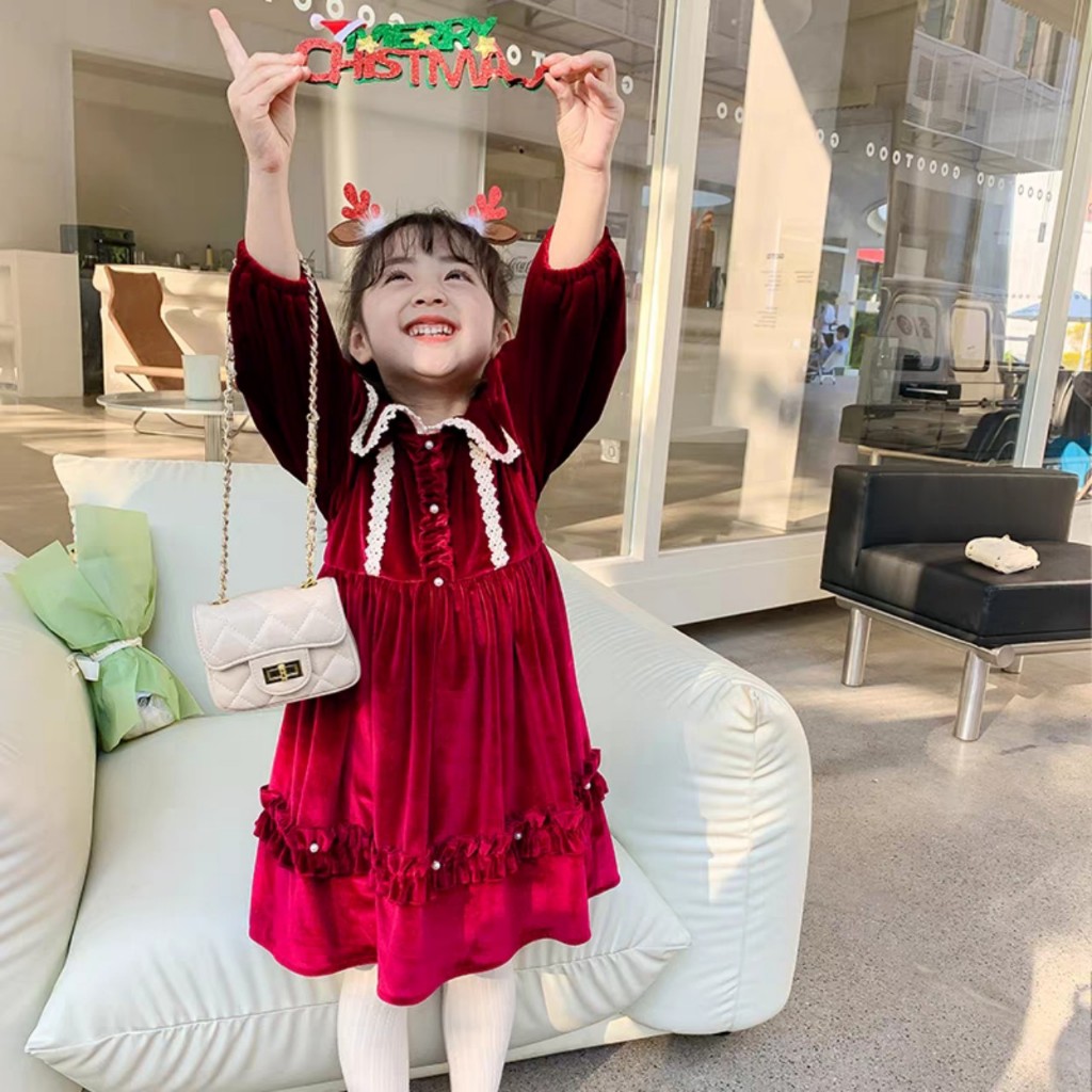 Váy đầm bé gái- Váy đầm công chúa bé gái dài tay cổ bèo cho bé từ 8-20kg