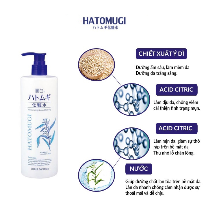 Nước Hoa Hồng Hatomugi Ý Dĩ Naturie Skin Conditioner Lotion Nhật Bản 500ml