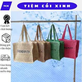 Túi cói tote thêu chữ serendipity có khoá kéo cỡ lớn đựng vừa khổ a4 tiệm cói xinh