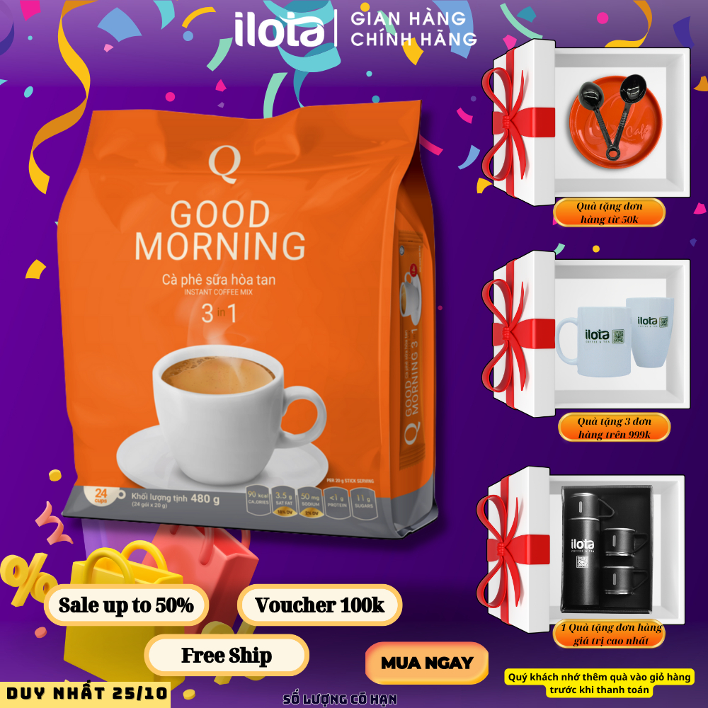 Cafe sữa hòa tan 3 in 1 GOOD MORNING uống liền Trần Quang