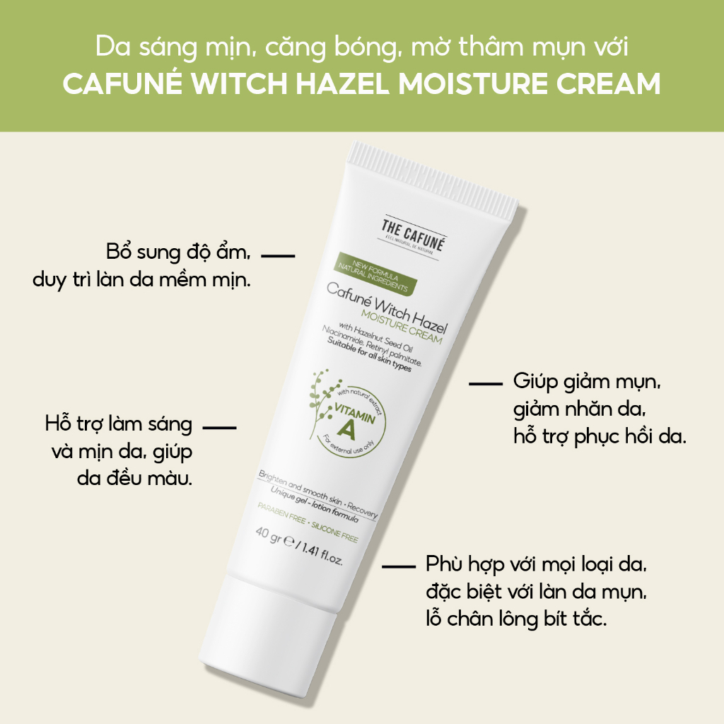 COMBO Kem Dưỡng Ẩm Cafuné Witch Hazel Moisture Cream 40G + Tinh Chất Dưỡng Mi The Cafuné 5ML