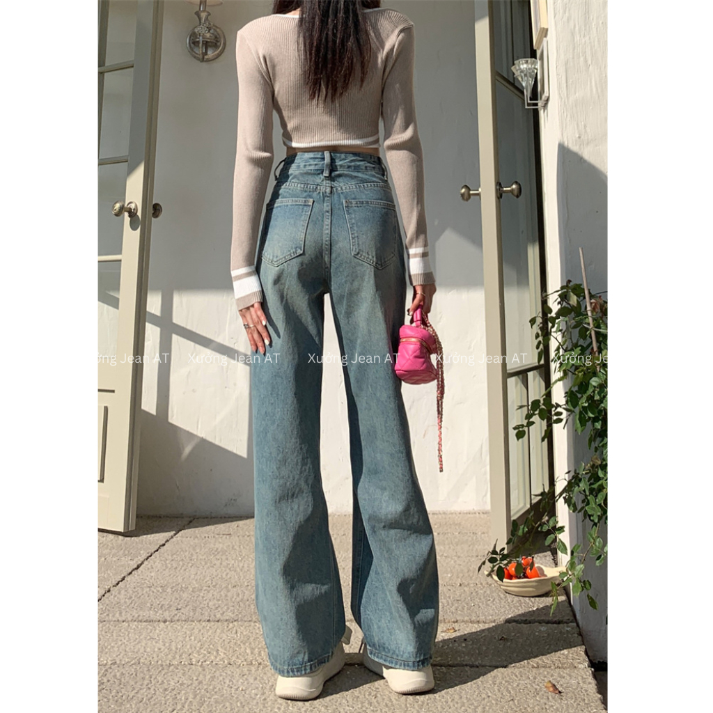 Quần Jean Ống Rộng Nữ Màu Xanh Wash Bụi Lưng Cao Phong Cách Retro Ulzzang Hàn Quốc 317