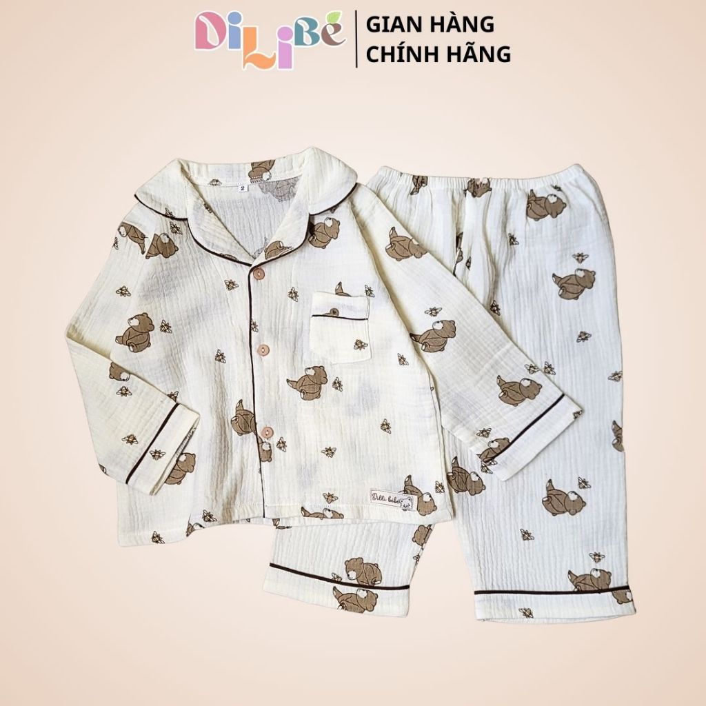 Bộ Pijama DILIBÉ tay dài quần dài chất liệu Xô Muslin cao cấp cho bé trai bé gái