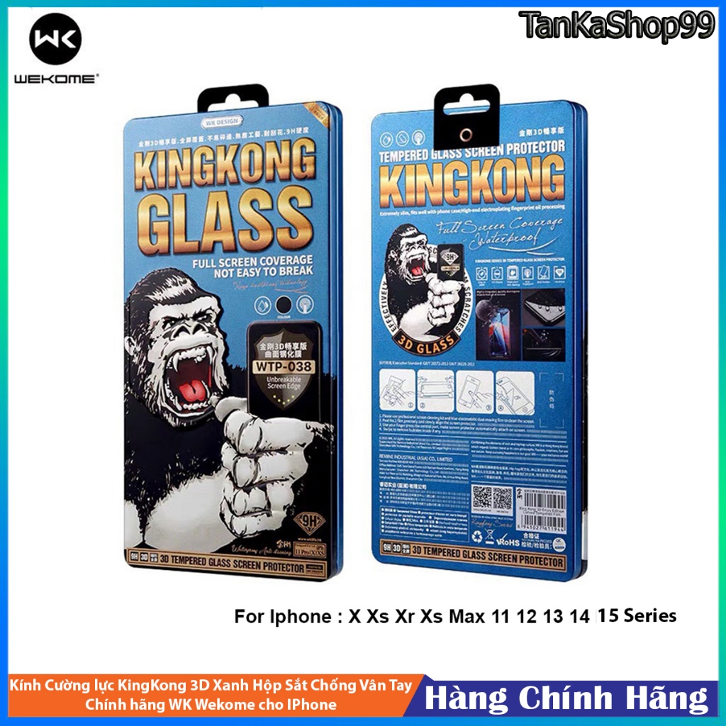 Kính Cường lực KingKong 3D Xanh Hộp Sắt Chống Vân Tay Chính hãng WK Wekome cho IPhone X đến 15 Promax Tankashop99