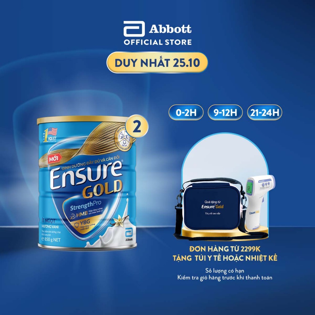 Combo 2 Sữa bột Ensure Gold Abbott ít ngọt (HMB) 850g/lon