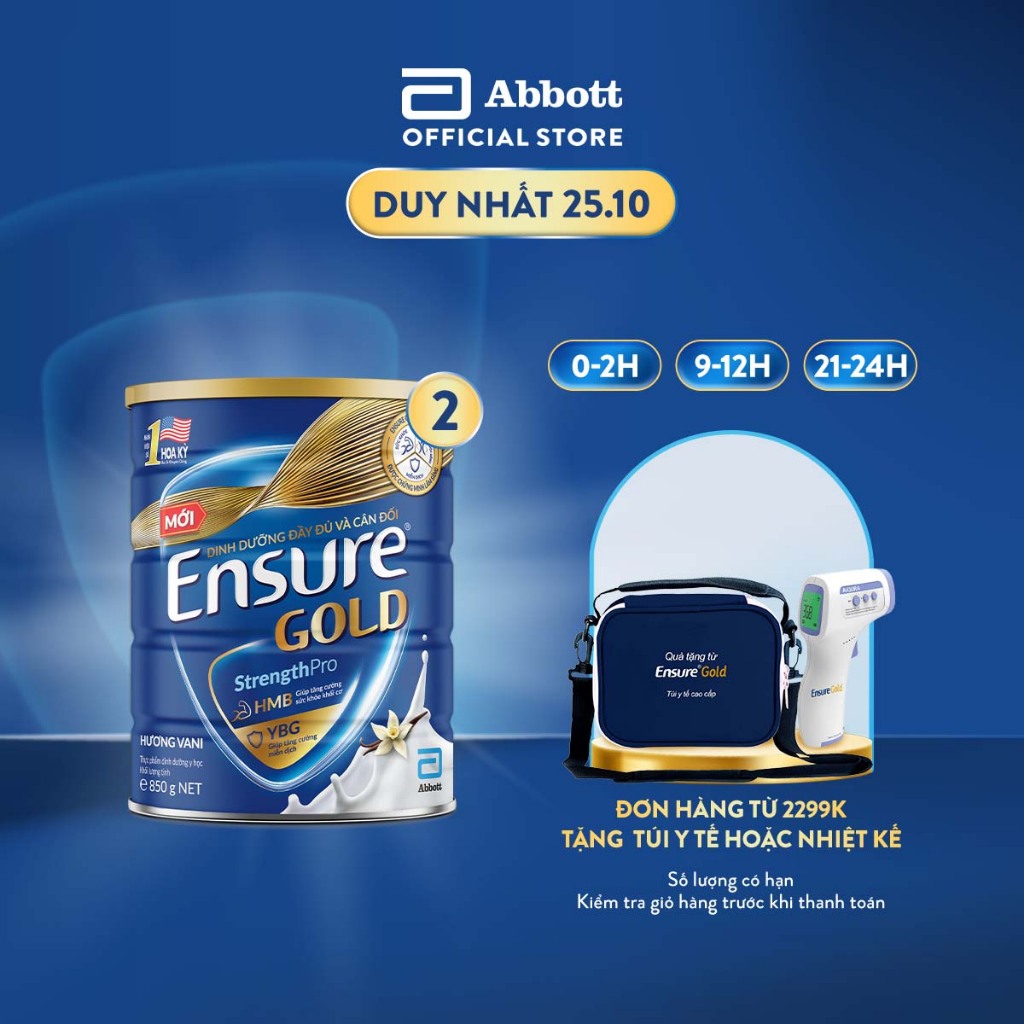 Combo 2 Sữa bột Ensure Gold Abbott hương vani (HMB) 850g/lon