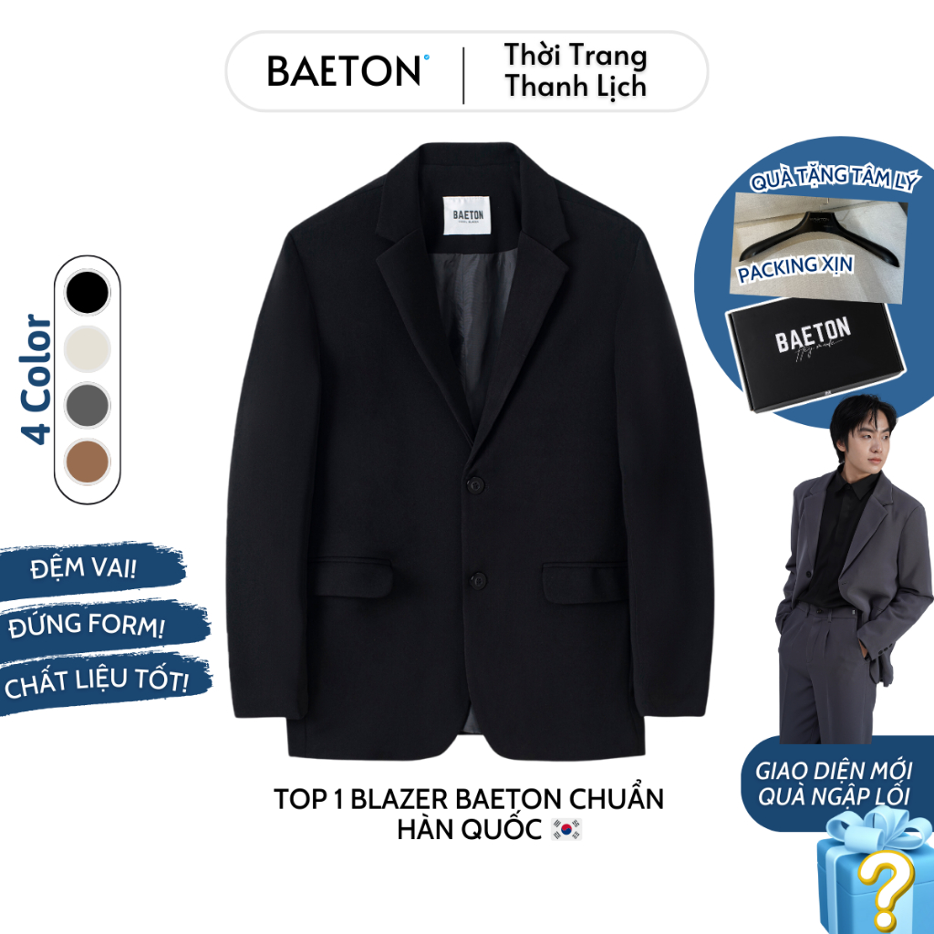 Áo khoác blazer nam nữ BAETON có đệm vai cao cấp chất liệu arims độc quyền dày dặn, form chuẩn Hàn Quốc - B01