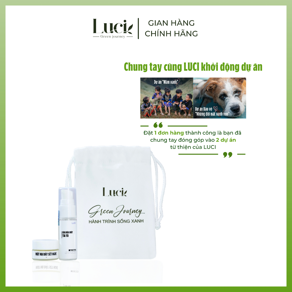 Bộ sản phẩm dùng thử 3 sản phẩm gồm kem chống nắng nâng tone+ mặt nạ đất sét nghệ nano+sữa rửa mặt tía tô của Luci