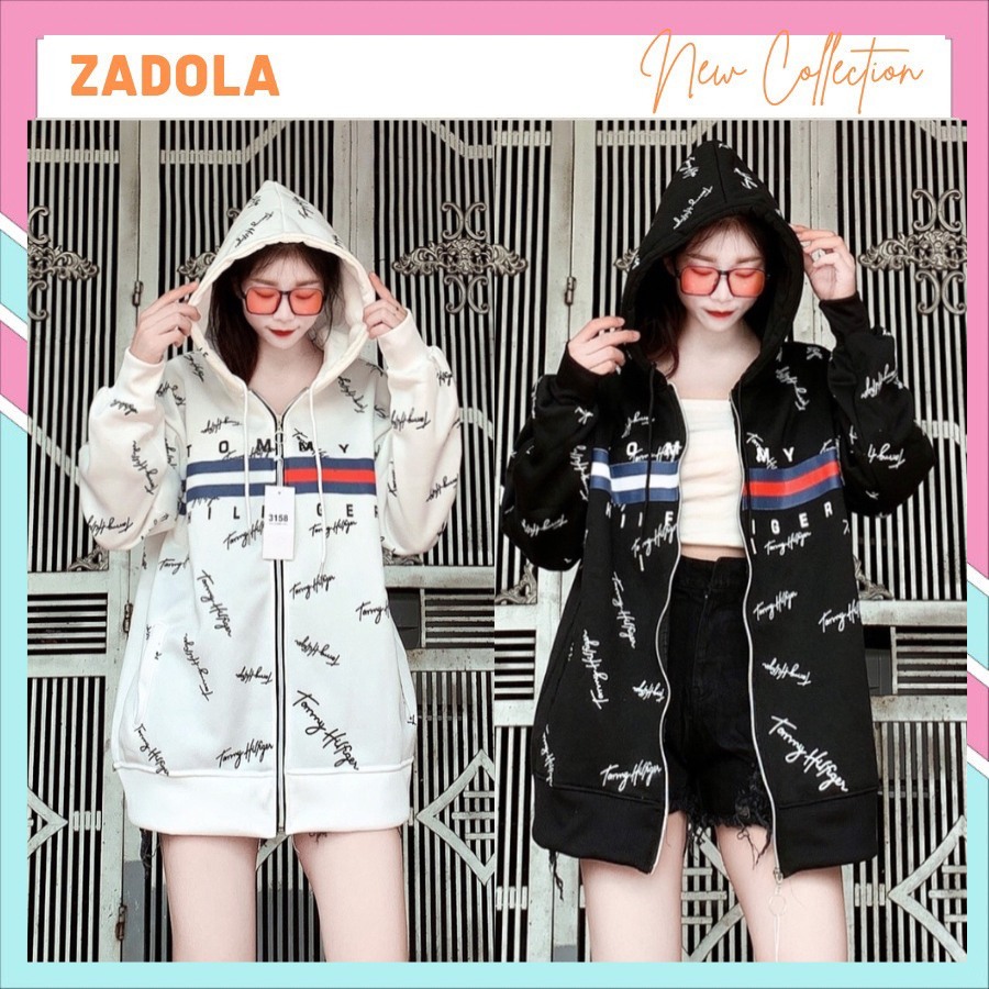 Aó Khoác Mũ  Kéo Khóa In Tommy Chữ Ký