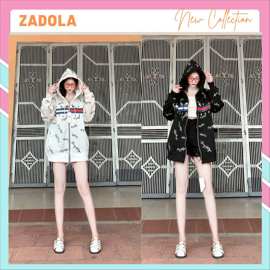 Aó Khoác Mũ  Kéo Khóa In Tommy Chữ Ký