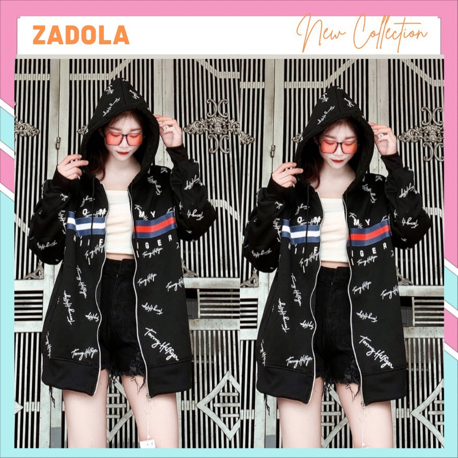 Aó Khoác Mũ  Kéo Khóa In Tommy Chữ Ký