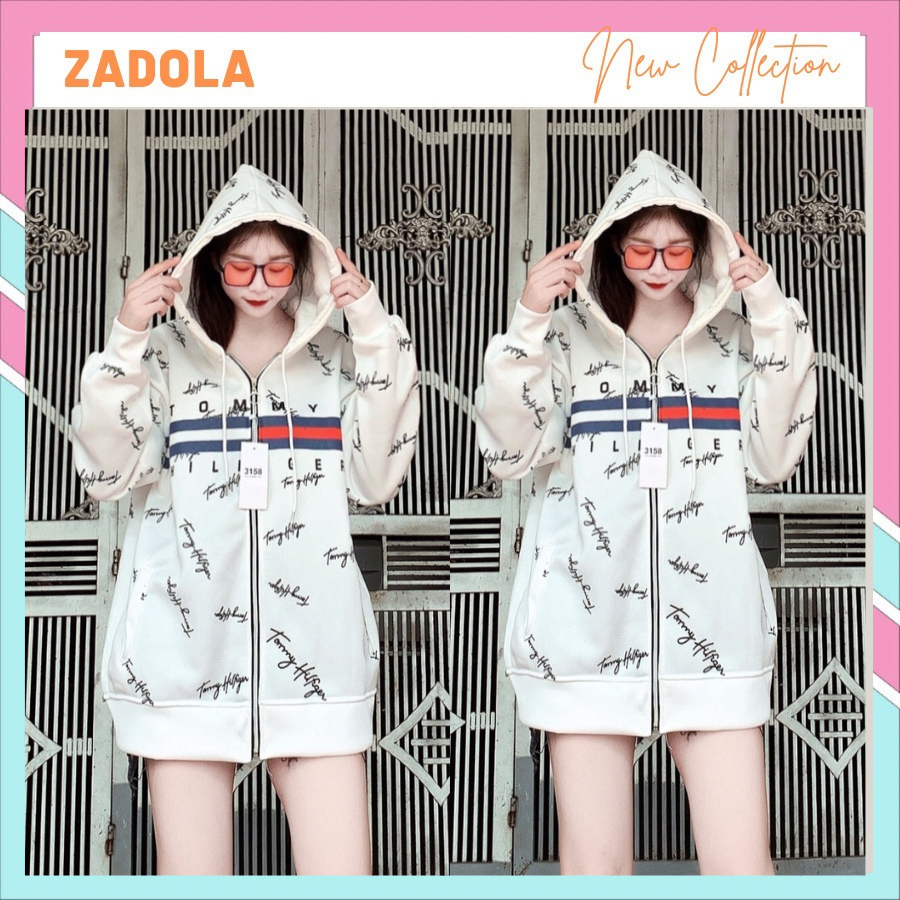 Aó Khoác Mũ  Kéo Khóa In Tommy Chữ Ký