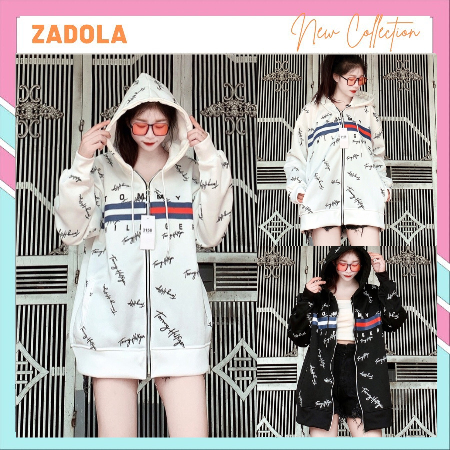 Aó Khoác Mũ  Kéo Khóa In Tommy Chữ Ký