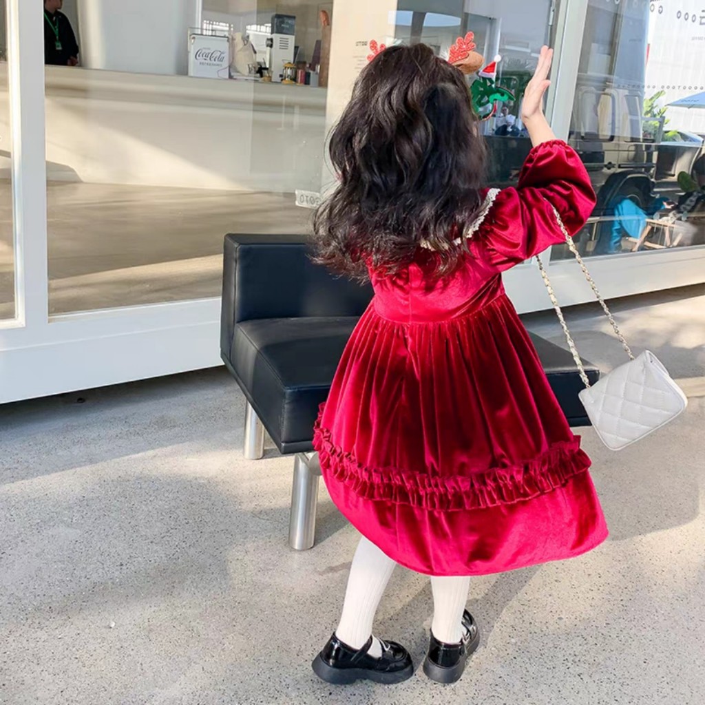 Váy đầm bé gái- Váy đầm công chúa bé gái dài tay cổ bèo cho bé từ 8-20kg