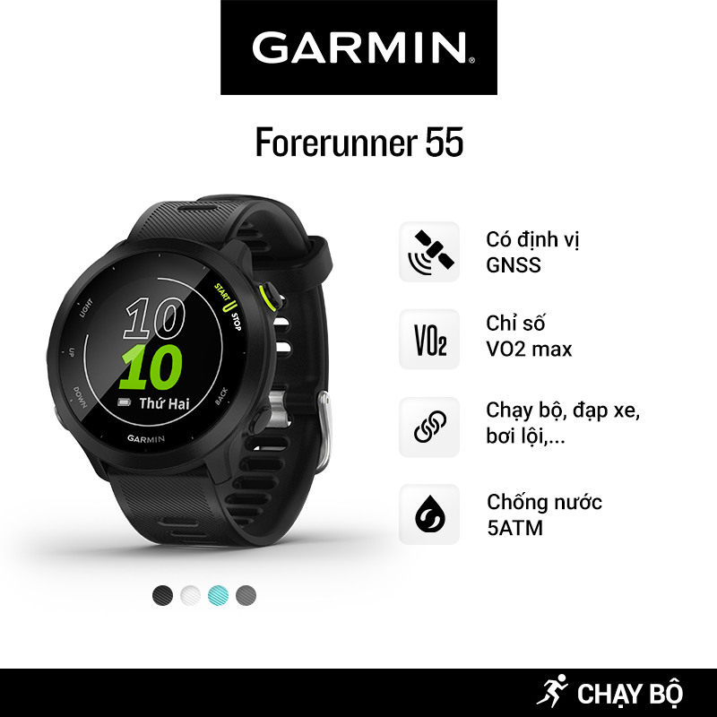 Đồng Hồ Thông Minh Garmin Forerunner 55 GPS (Black/Whitestone/Aqua/Monterra Grey) - Hàng Chính Hãng