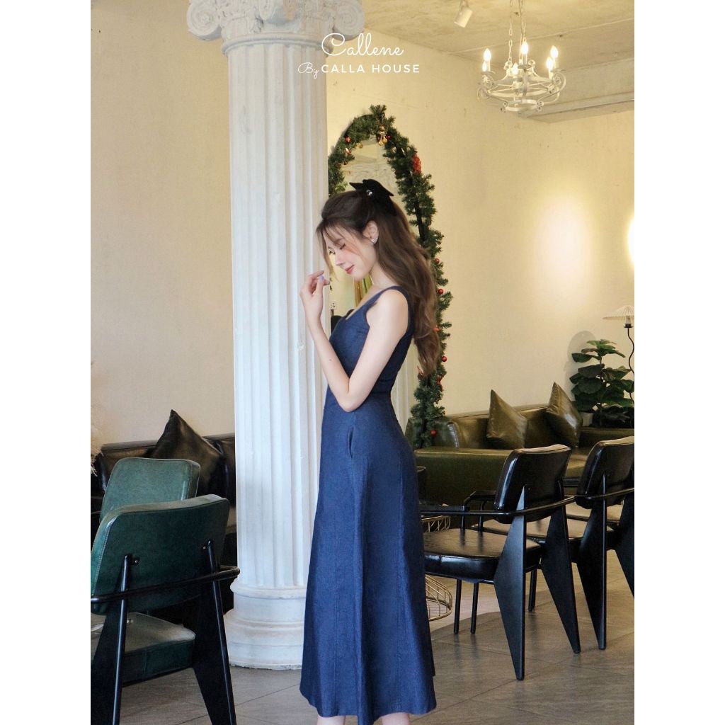 Đầm hai dây jean cúp ngực dáng xòe phong cách cổ điển