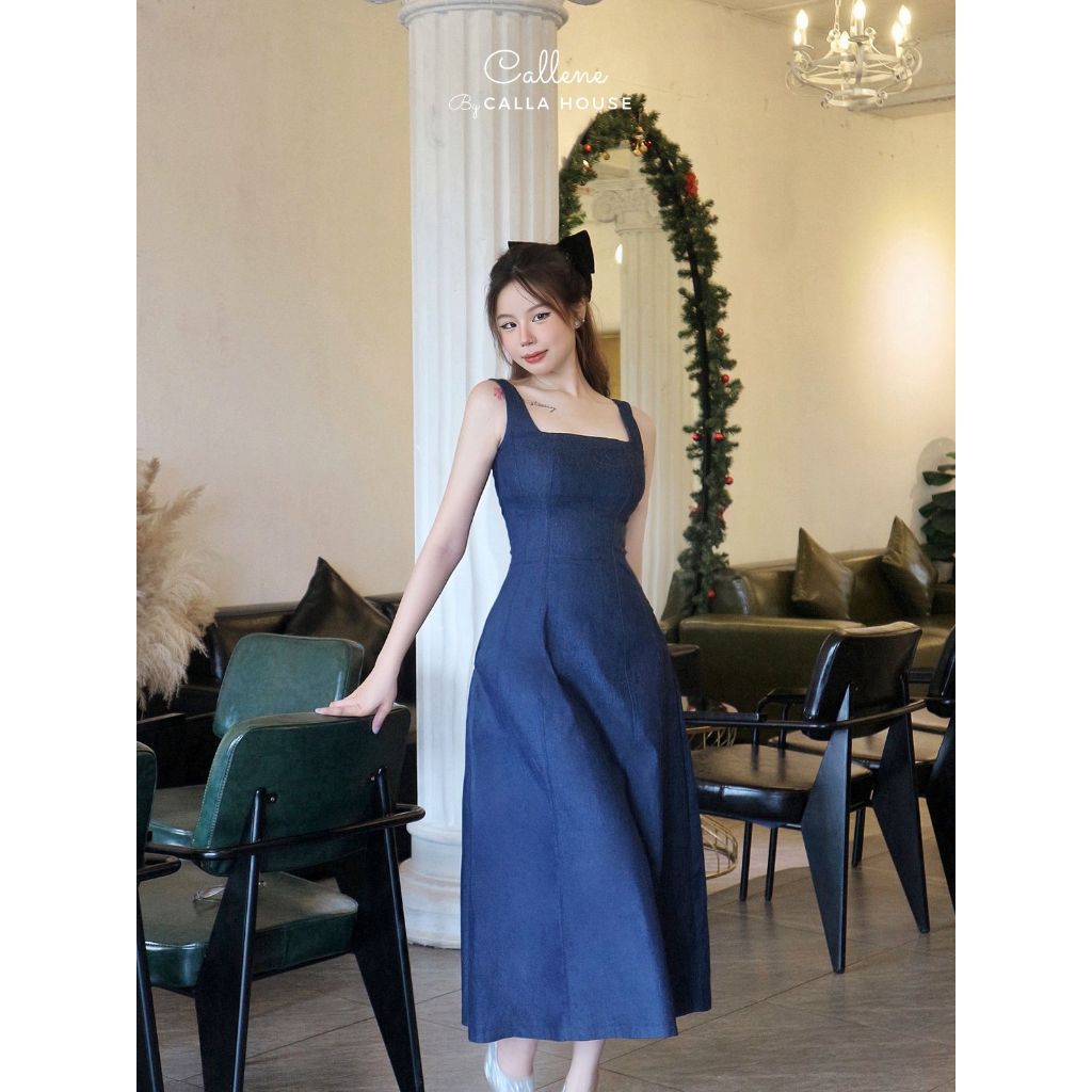 Đầm hai dây jean cúp ngực dáng xòe phong cách cổ điển