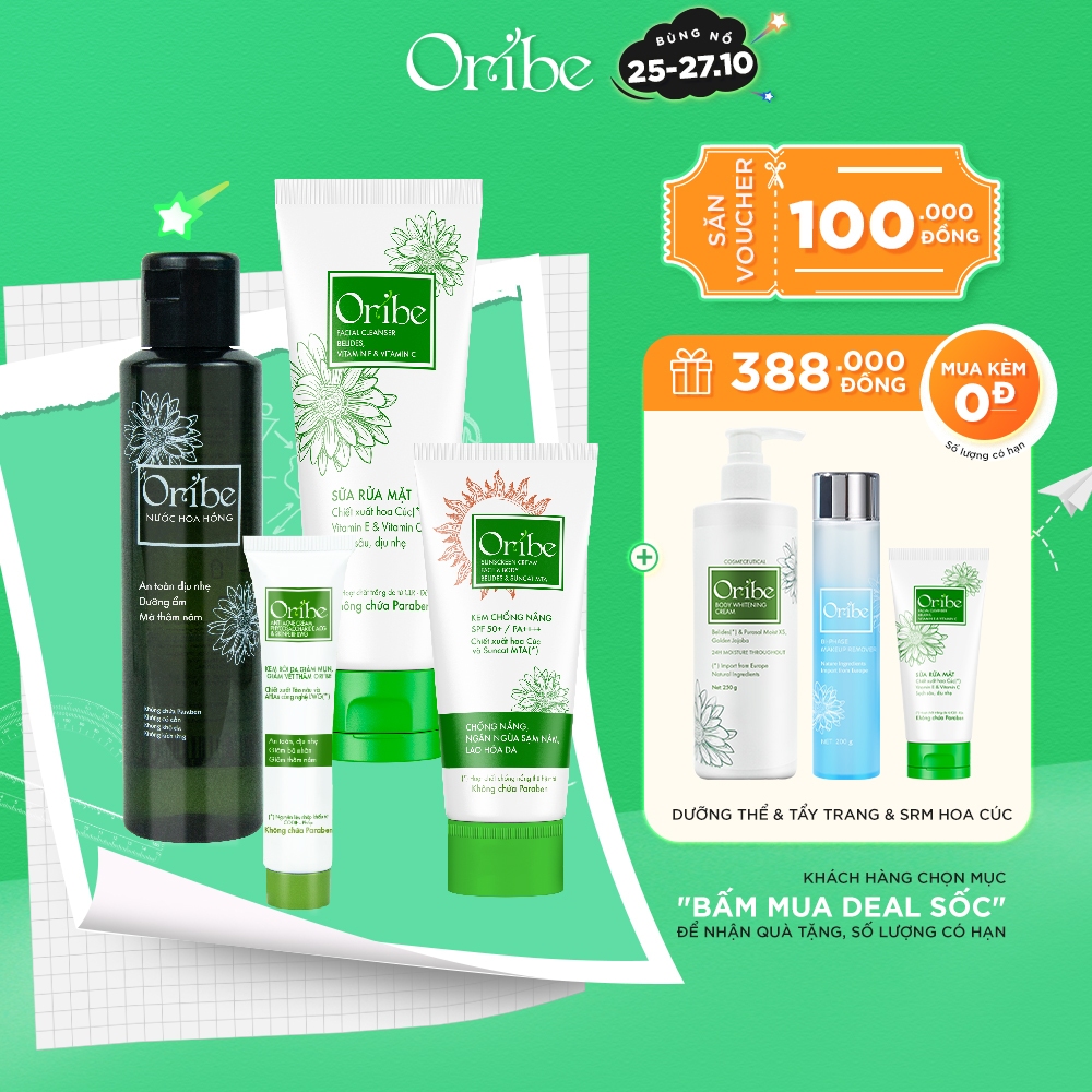 Combo 4 Bước Chăm Sóc Da Oribe Dưỡng Ẩm Dưỡng Trắng Da Ngừa Mụn Chống Nắng Thu Nhỏ Lỗ Chân Lông