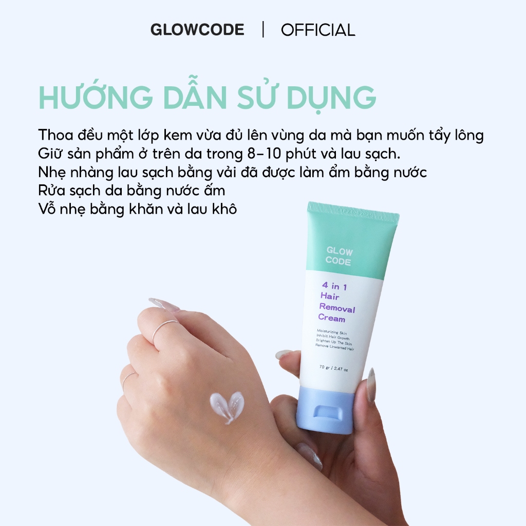 Kem tẩy lông GlowCode 4IN1 với Niacinamide và Vitamin E giúp lông mọc thưa, dưỡng ẩm và làm sáng da 70gr